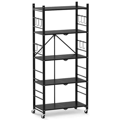 Slick Black Five Tier Foldable Storage Shelf With Casters And Twenty Hooks Quick Kitchen Pantry Cleanup No Fuss Assembly Solid Build For Tight Spaces And Daily Hauls