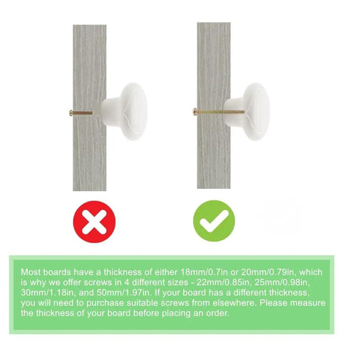 Diagram of White Ceramic Round Kitchen Cabinet Knobs 10 Pack With Long And Short Screws showing correct screw length for installation.