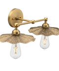 Two-Head Brass Wall Sconce Light With Flower Design Vintage Mid Century Style Vanity Lamp for Bathroom And Kitchen with textured shades.