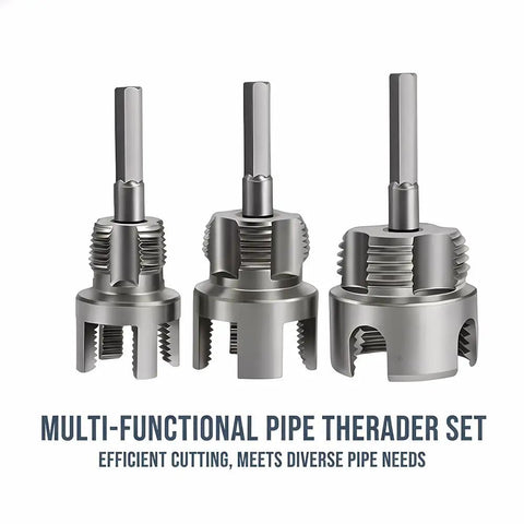 Upgraded 4 In 1 Plastic Pvc Water Pipe Threading Die Set With Internal External Thread Cutter For 1/2 3/4 And 1 Inch Pipes, showing three cutters.