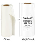 Comparison of MagicPrint4U 24-inch DTF Transfer Film Roll and standard 13-inch roll for Direct To Film Printing Clear PET Sheets.