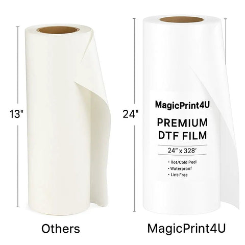 Comparison of MagicPrint4U 24-inch DTF Transfer Film Roll and standard 13-inch roll for Direct To Film Printing Clear PET Sheets.