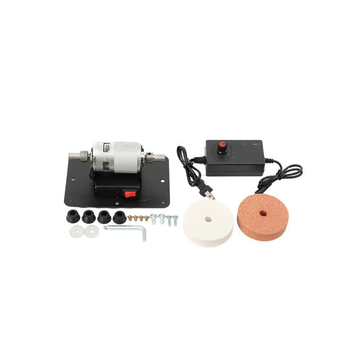 Mini Bench Grinder 96W, 7 Speed Adjustable Electric Tool With 3000 To 6000 Rpm Range Forward Reverse Switch And Smooth Operator Design components including motor and polishing wheels.