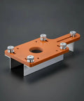 Precision Slotting Router Guide Jig Template Featuring Adjustable Clamping Block And Heavy Duty Metal Plate For Dead Accuracy On Cabinet And Drawer Build Projects, orange jig with metal plate.