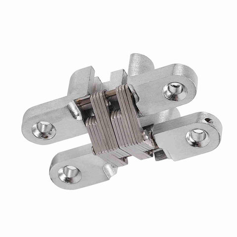 Close-up of 180 Degree Zinc Alloy Invisible Folding Door Hinges for Cabinets and Sliding Doors, rustproof stainless steel cross hidden hinges.