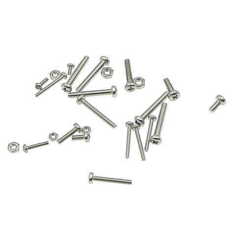 All In One Stainless Steel Phillips Pan Head Machine Screws And Hex Nuts Assortment Kit In Metric M2 M2.5 M3 Sizes For Home Workshop Projects Electronics RC Builds scattered on white background.