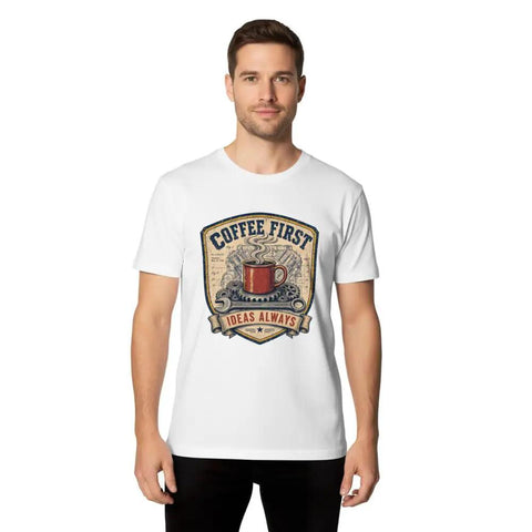 Awesome Vintage Engineer Blueprint Tee With Wrench And Coffee Mug Design For Garage Makers, 100 Cotton Unisex Classic Fit Shop Shirt on model.