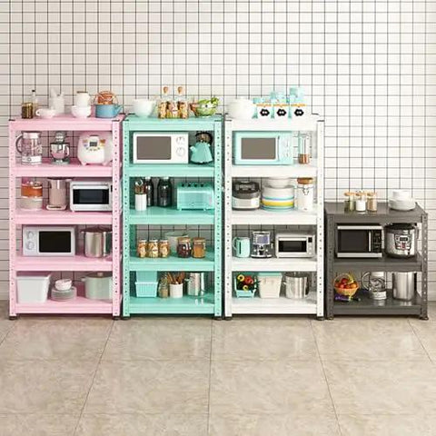 Adjustable Three Tier Metal Storage Shelves Free Standing Garage And Kitchen Shelving Unit Heavy Duty Carbon Steel Organizer Rack For Home Office in pink, mint, and black with kitchen appliances and containers.