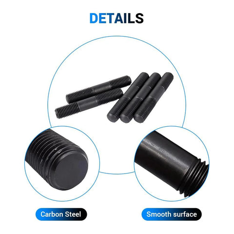 Front view: MOUMOUTEN 10pcs M10x120mm double-end threaded studs, carbon steel, black oxide finish.