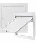 Slick White Attic Access Panel Door For Drywall Featuring Smooth Pull Open Design And Hella Sturdy Aluminum Frame Build Hidden Inspection Hatch Cover For Plumbing Vent Systems 20X29 Inch with opened panel view.