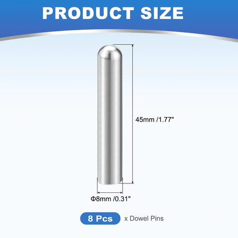 Eight 8mm By 45mm Dowel Pins In 304 Stainless Steel Round Head Shelves Support Pegs Locating Pins For Bookshelves And Cabinets Heavy Duty Durable Furniture Hardware Component Silver, 8mm x 45mm size chart