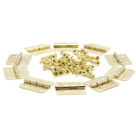 Solid 100 Piece Set Of Four Hole Gold Cabinet Door Hinges For Drawers Closets And Cupboards Slick Pivoting Leaves arranged with screws.