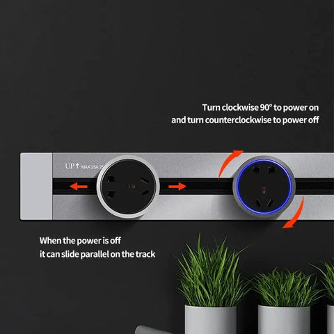 Sleek Concealed Power Track Socket Offering Four Dedicated Plug Outlets For Lowkey Kitchen Counter Organization And Modern Home Electrical Flexing Heavy Duty Sandblasted Aluminum Finish, demonstrating functionality and design.