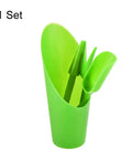 Green Garden Shovel Tool Set For Planting And Transplanting Tiny Plants And Succulents, includes bucket and shovel in green plastic.