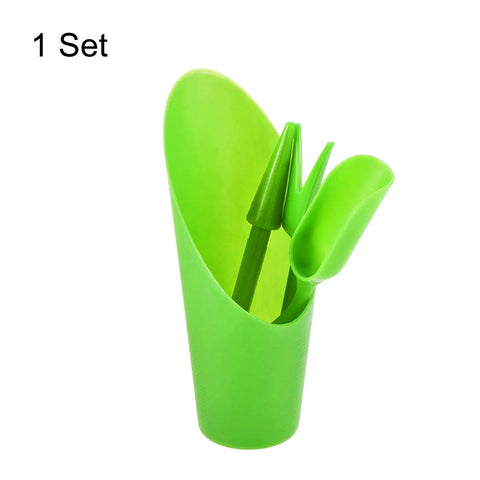 Green Garden Shovel Tool Set For Planting And Transplanting Tiny Plants And Succulents, includes bucket and shovel in green plastic.