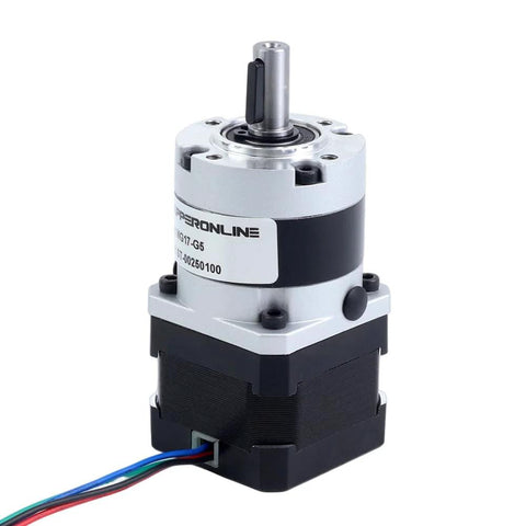 NEMA 17 stepper motor with planetary gearbox, high torque, ideal for CNC machines and 3D printers, featuring 5:1 MG gearbox.