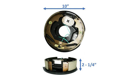 Electric Trailer Brake Assembly 10 Inch By 2 And A Quarter Inch For 3500 Lb Axles Left And Right Pair Fits Al Ko Dexter Lippert Rockwell And Quality Trailer Axles 4 Inch Bolt Circle Durable Replacement showing dimensions.