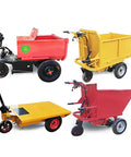 Four different electric utility vehicles in yellow and red, each with distinct carriers, shown from the side view.