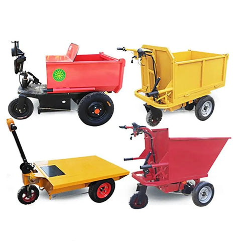 Four different electric utility vehicles in yellow and red, each with distinct carriers, shown from the side view.