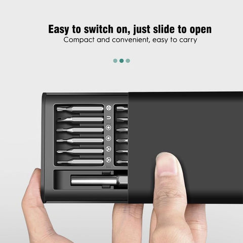 24-In-1 Precision Screwdriver Set For Quick Fixes with magnetic bits in a compact black case, shown half open.