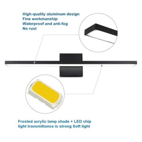 24 Inch Black Modern LED Vanity Light With Frosted Aluminum Finish For Bathroom Mirror Cabinet And Powder Room Sleek Energy Saving Vanity Fixture In Cool White 6000K showcasing aluminum design and LED chip close-ups.
