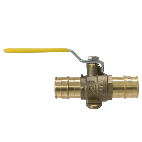 5 Piece Set 1 Inch PEX A Expansion Ball Valve With Drop Ear, brass valve side view, yellow handle, compatible with PEX A tubing.