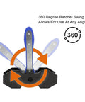 Front view of G-PLUS 360° brake caliper press tool with blue handles and two steel plates for piston spreading