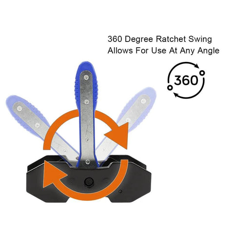 Front view of G-PLUS 360° brake caliper press tool with blue handles and two steel plates for piston spreading