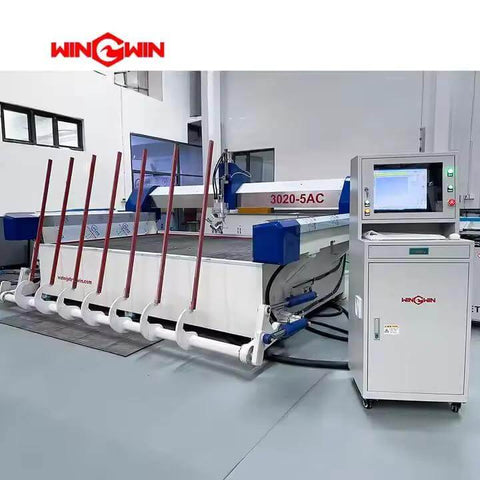 Front view of a white and blue waterjet cutting machine with a WINWIN control cabinet.