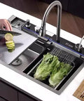 Multifunctional Stainless Steel Waterfall Faucet for Large Single Bowl Sinks - Honeycomb Pattern Design, Easy Installation and Durable Performance in use with vegetables.