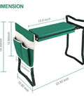 Heavy Duty Garden Kneeler And Seat Stool With Folding Bench Large Tool Pocket Soft EVA Kneeling Pad Knee Saver shown with dimensions