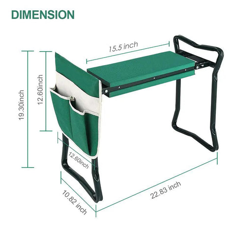 Heavy Duty Garden Kneeler And Seat Stool With Folding Bench Large Tool Pocket Soft EVA Kneeling Pad Knee Saver shown with dimensions