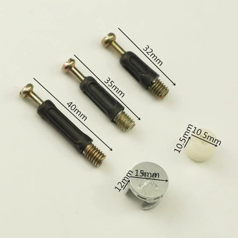 Cam Lock Fasteners Connector Set Including 32 Plastic Dowels, 24 Cam Bolts, And 24 Nuts for cabinet and wardrobe assembly, close-up.