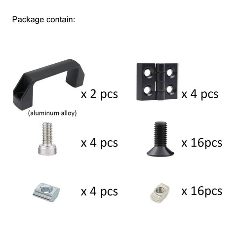 4 Sets 2020 90mm T Slot Door Handles And 20 Series Pivot Hinges For Aluminum Profiles Extrusion Hardware Kit components overview
