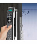 Smart Door Lock Offering Hella Secure Hidden Fingerprint Access and Digital Remote Automatic Deadbolt in gray finish with hand gesture.