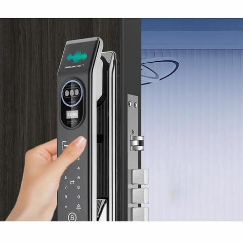 Smart Door Lock Offering Hella Secure Hidden Fingerprint Access and Digital Remote Automatic Deadbolt in gray finish with hand gesture.