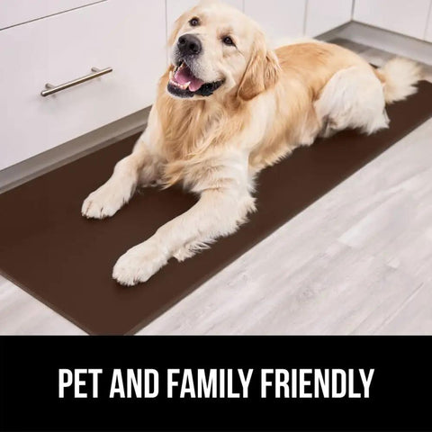 2 Pack Cushioned Kitchen Floor Mats For Comfortable Standing 17x24 And 17x48 Waterproof And Stain Resistant One Half Inch Thick Soft Ergonomic Anti Fatigue Mat With Foam Support For Feet Brown with dog