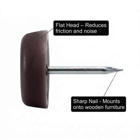 Side view of a Brown Three Quarters Inch Nail On Furniture Glides 25 Pcs Chair Leg Floor Protectors with labeled features.