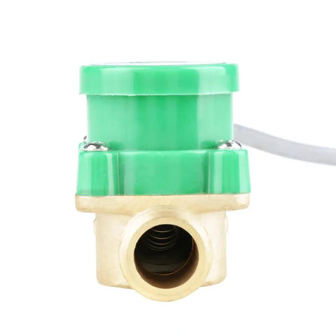 Front view of green and brass High Sensitivity Water Flow Sensor Switch 220V For Low Pressure Shower Booster Pump With One Half Inch Thread