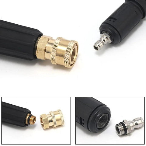 RecDec 2-pack brass quick-connect adapters for pressure washers; 1/4 in NPT female to 1/4 in plug, front view.