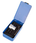 Double Headed Sheet Metal Nibbler With Drill Attachment in blue storage case, showing 360 degree rotatable cutter heads and hex shank