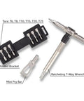 Compact Ratcheting T Shaped Socket Driver Multi Tool With Secure Locking Chuck, includes Torx bits and pry bar.