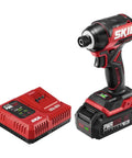 Rock Solid Brushless 20 Volt Compact Impact Driver Kit with battery and charger, lightweight red housing for easy use.