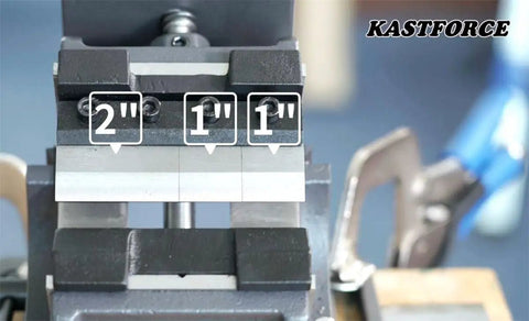 Front view of 4 Inch Vise Mount Metal Brake Bender Attachment For 14 Gauge Steel And 1 Eighth Inch Aluminum Removable Finger Dies Magnetic Vice Mount 100mm Wide Built For Tough Diy Projects showing finger dies.