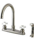 Victorian Style Eight Inch Centerset Kitchen Faucet With Side Sprayer Brushed Nickel Dual Cross Handles High Arc Swivel Spout Eleven And Fifteen Sixteenth Inch Height Ideal For Filling Pots And Pans