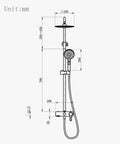 Dimensions diagram of Exposed Shower System with Waterfall Tub Spout Rainfall Shower Set Black, showing installation details.