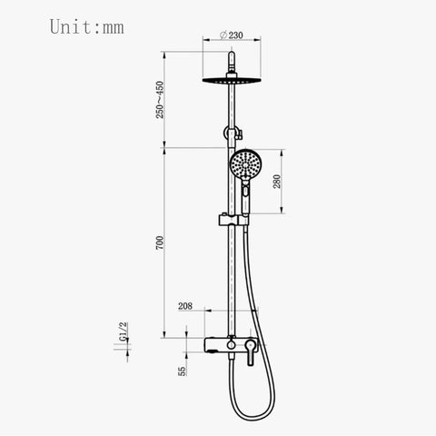 Dimensions diagram of Exposed Shower System with Waterfall Tub Spout Rainfall Shower Set Black, showing installation details.