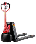 Premium Electric Pallet Jack With Lithium Battery For Warehouse Supermarket Material Handling 3300 Lb Capacity Walking Lift Truck Easy Operation in red and black.