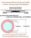 Diagram illustrating recommended sizing for Heavy-Duty 39 Inch Lazy Susan Tabletop Serving Tray Made of Explosion-Proof Tempered Glass.