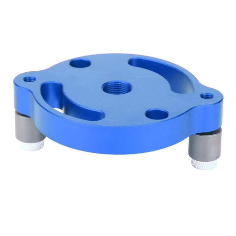 Heavy Duty Aluminum Wood Panel Hole Puncher With Ridiculously Precise Center Punching Gauge For Creating Dead On Layouts During Fine Precision Drilling Or Shop Projects in blue with adjustable base.